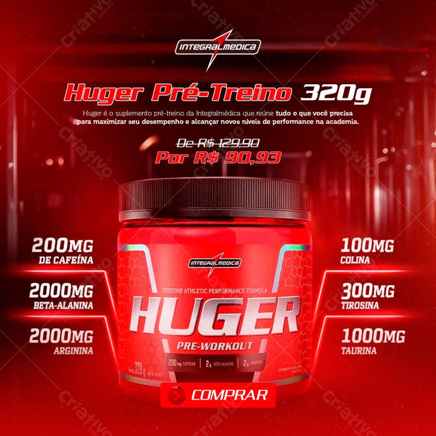 Post para Redes Sociais Promoção Pré-Treino Huger Integralmedica PSD Editável