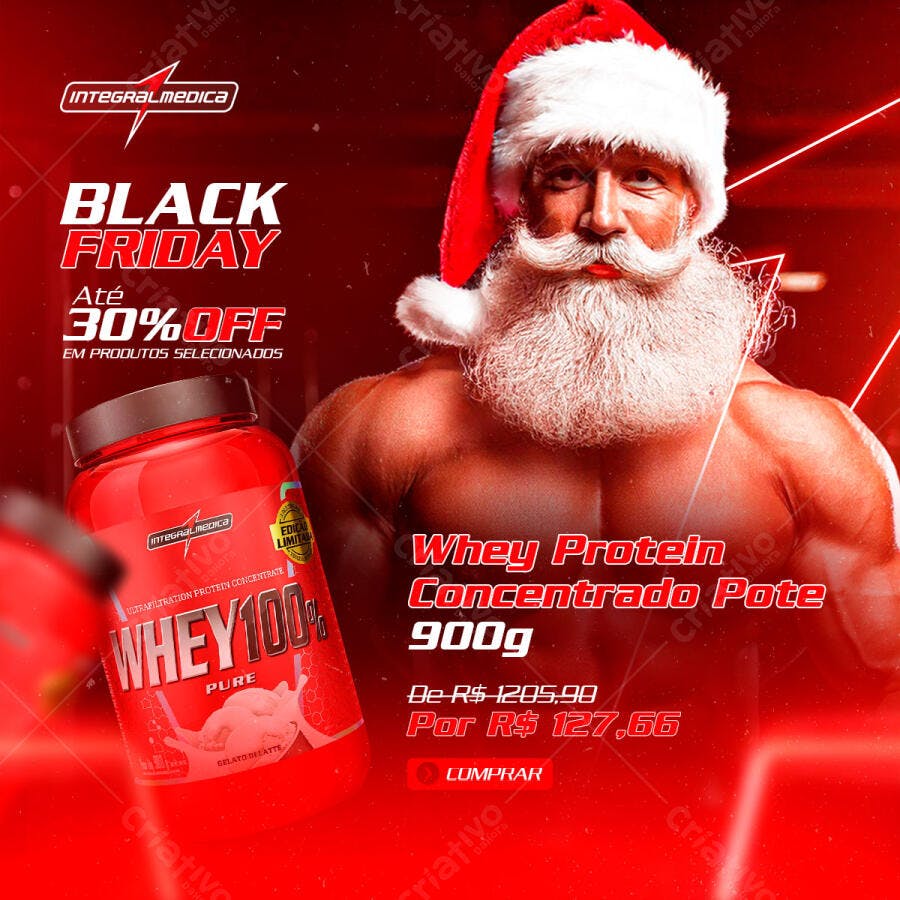Flyer Black Friday Natal Fitness com Papai Noel Musculoso e Whey Protein PSD Editável