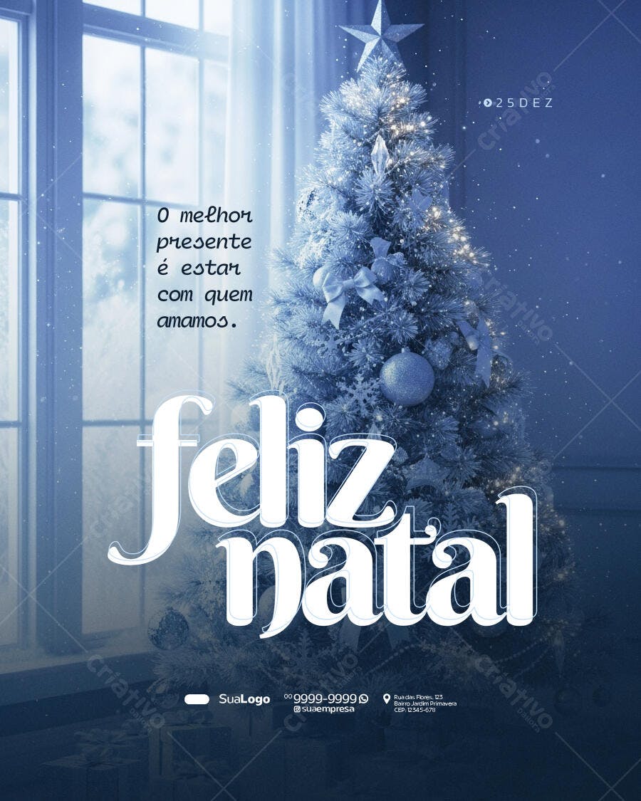 Flyer Feliz Natal com Árvore Congelada e Mensagem PSD Editável