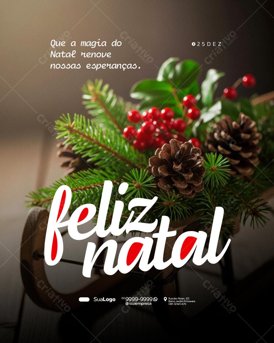 Flyer Feliz Natal Pinhas Frutas Vermelhas Mensagem Renovação PSD Editável