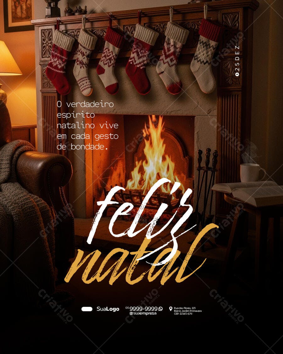 Flyer Feliz Natal Lareira Aconchegante Meias Decoradas PSD Editável