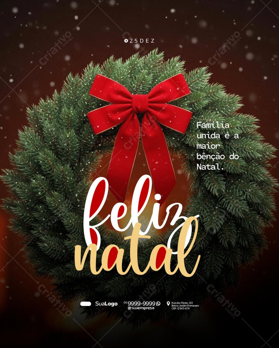 Flyer Feliz Natal com Guirlanda e Laço Vermelho PSD Editável