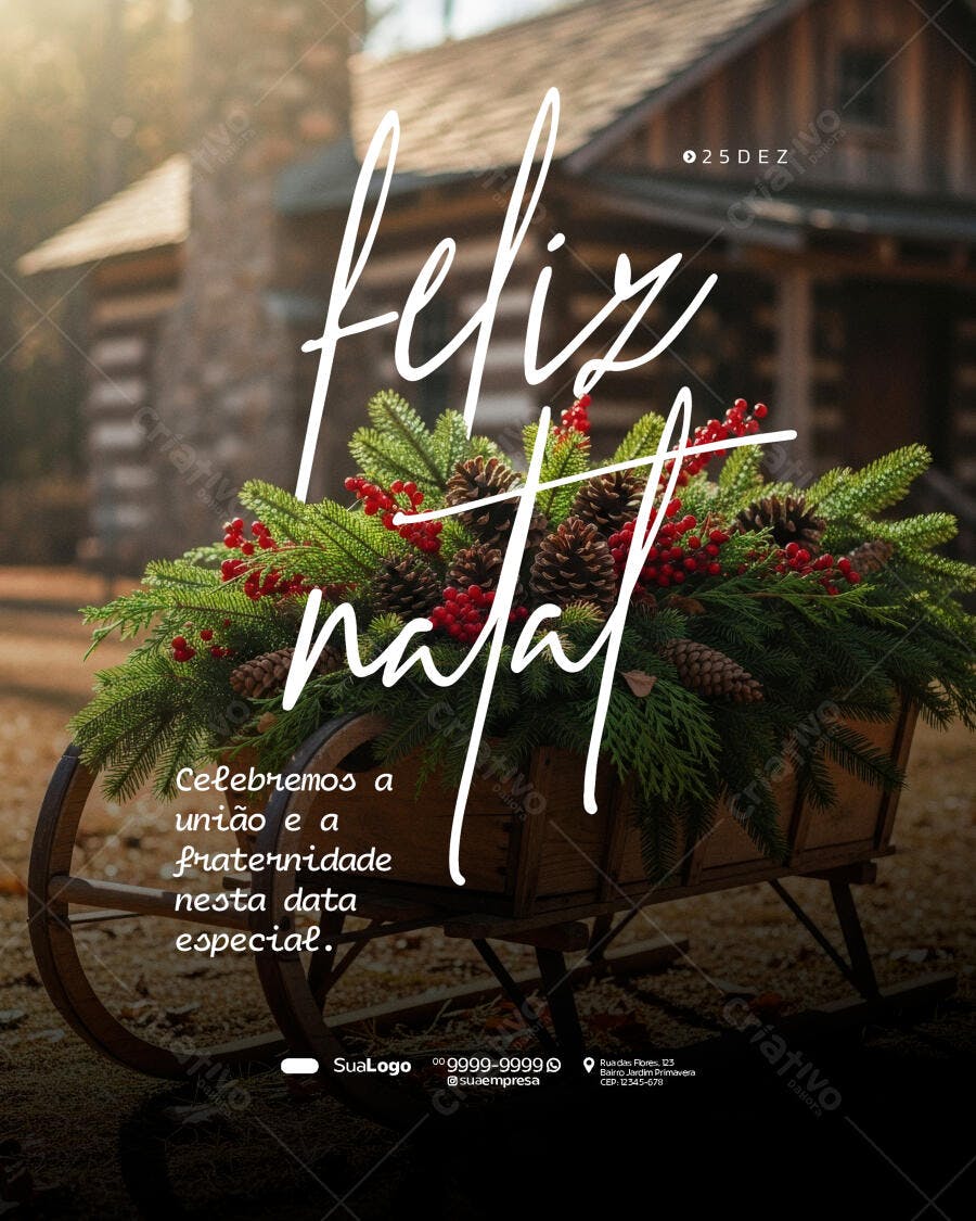 Post para Redes Sociais Feliz Natal com Pinhas e Frutas Vermelhas PSD Editável
