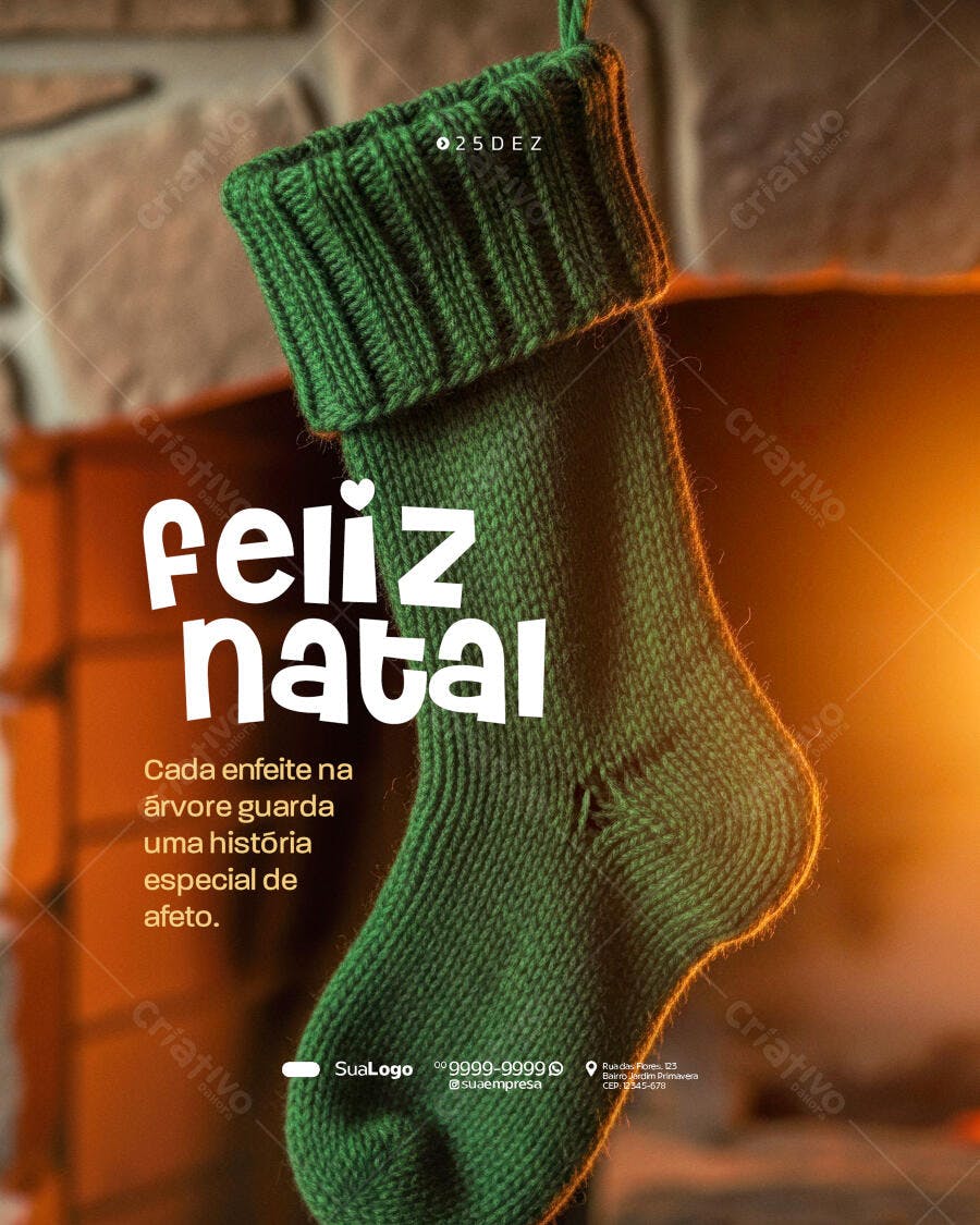 Flyer de Natal Meia Verde Feliz Natal Lareira Aconchegante PSD Editável