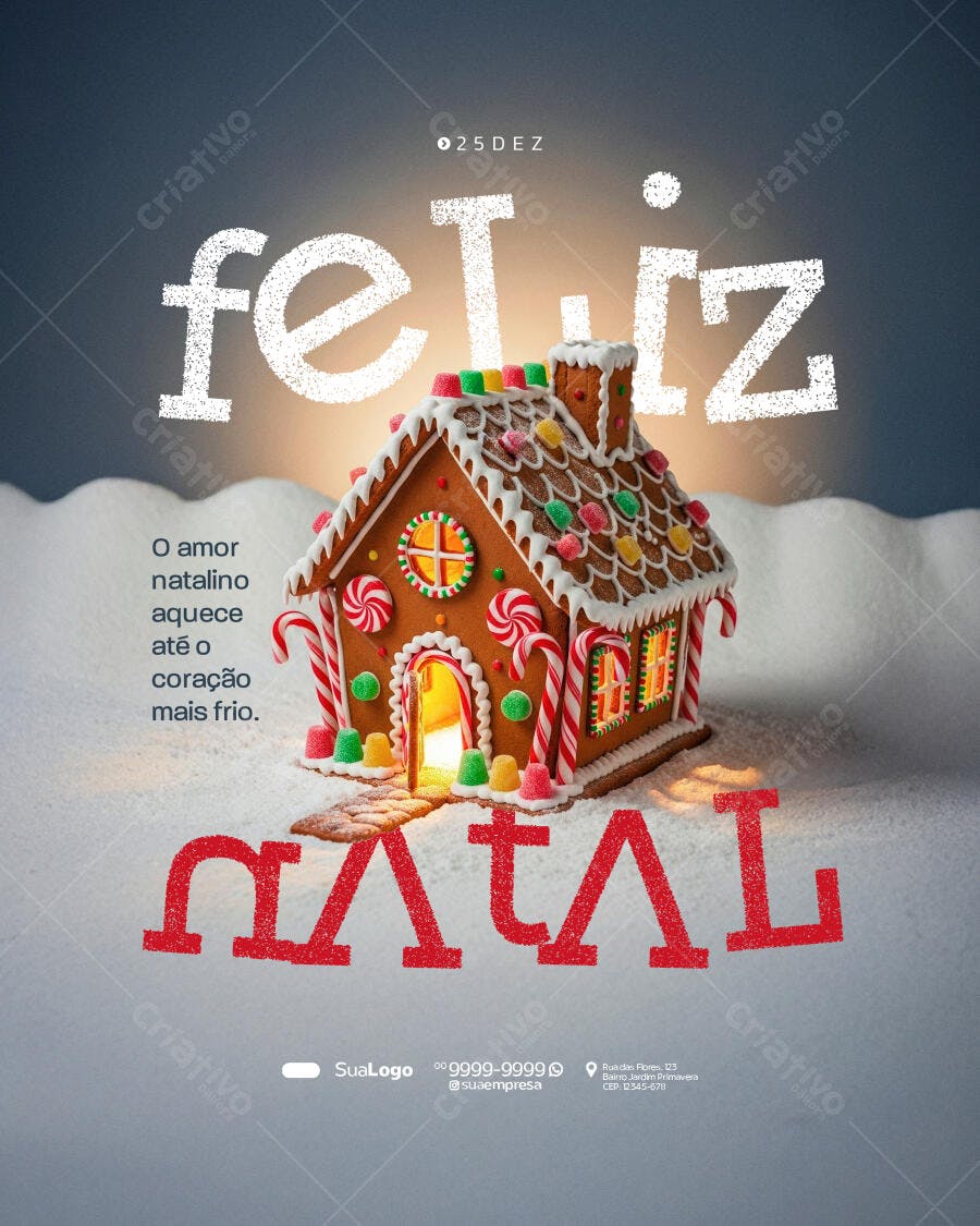 Flyer Feliz Natal com Casa de Pão de Mel PSD Editável