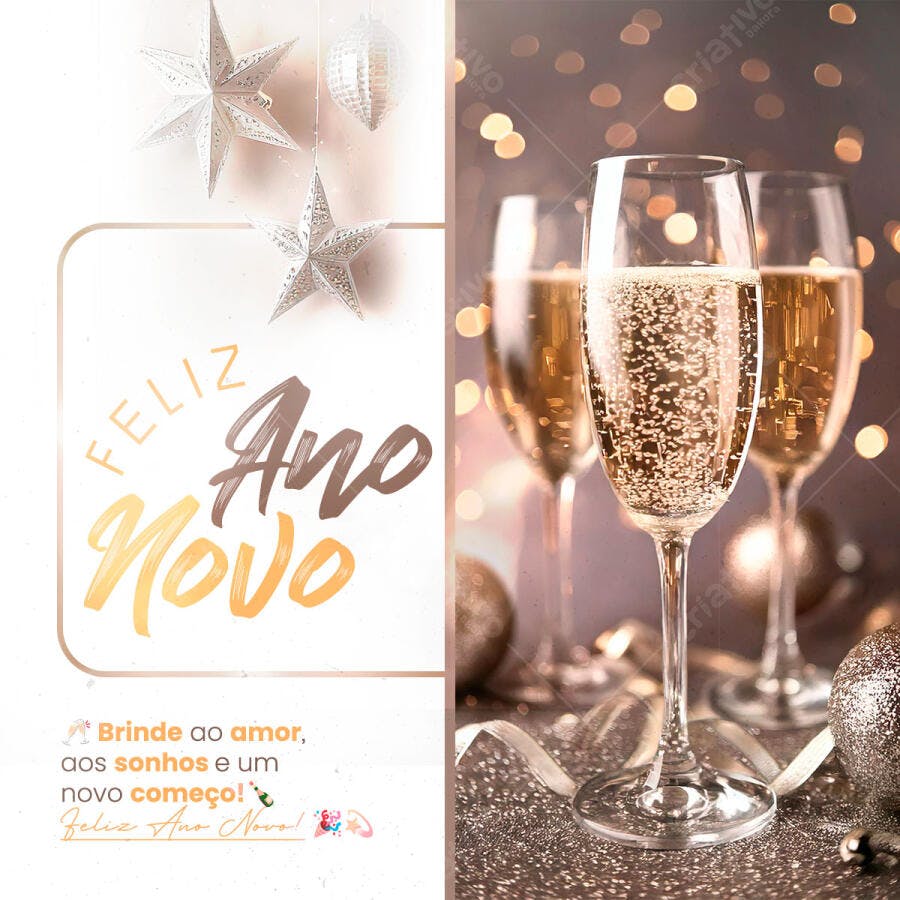 Card Feliz Ano Novo Champanhe e Estrelas Douradas PSD Editável