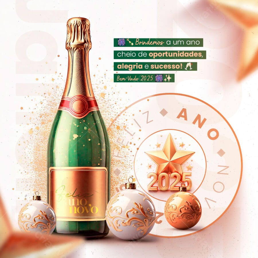 Flyer Feliz Ano Novo 2025 Champanhe e Bolas Ouro PSD Editável