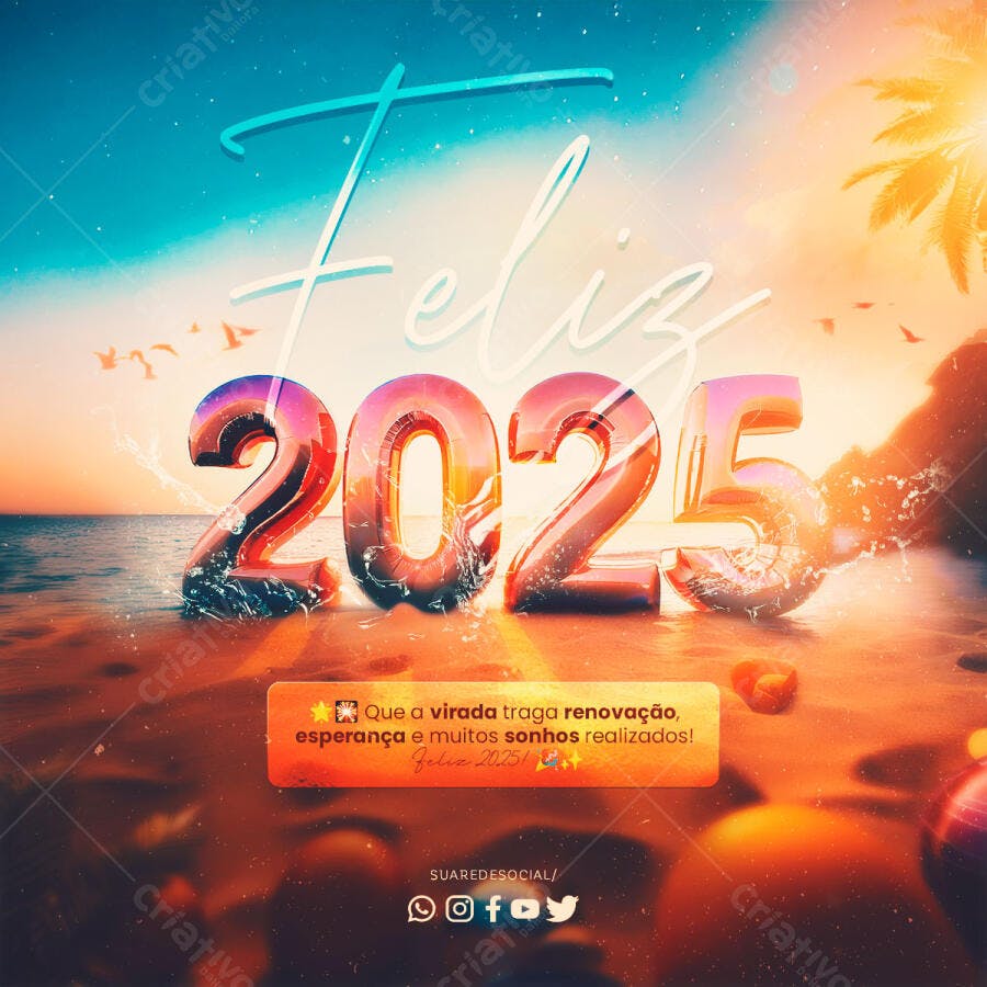 Flyer Ano Novo Feliz 2025 Praia Pôr do Sol PSD Editável