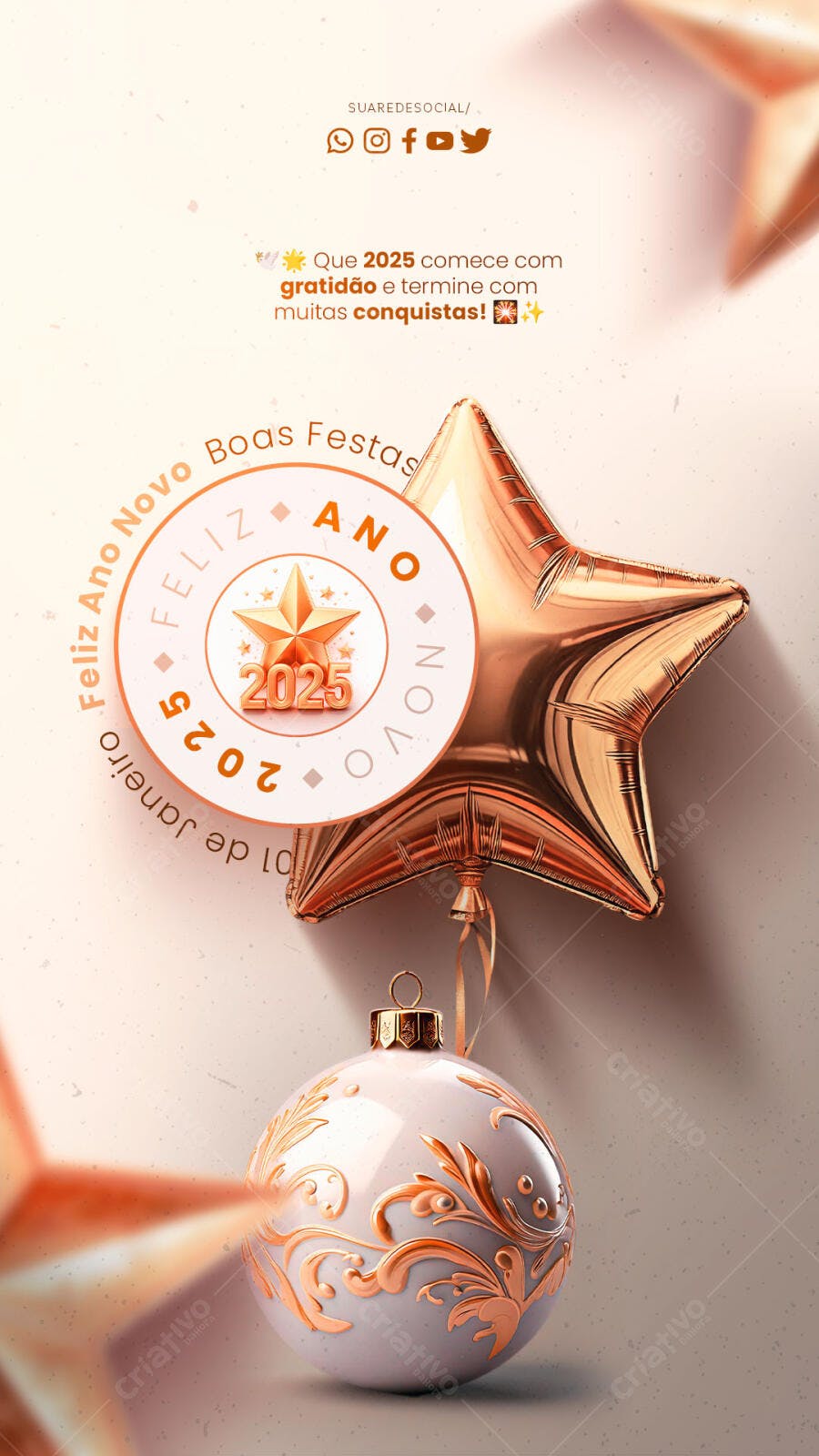 Post para Redes Sociais Feliz Ano Novo 2025 com Balão Estrela PSD Editável