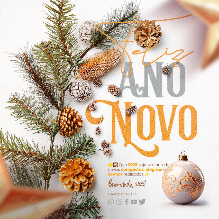 Flyer Digital Feliz Ano Novo 2025 com Pinhas Douradas PSD Editável