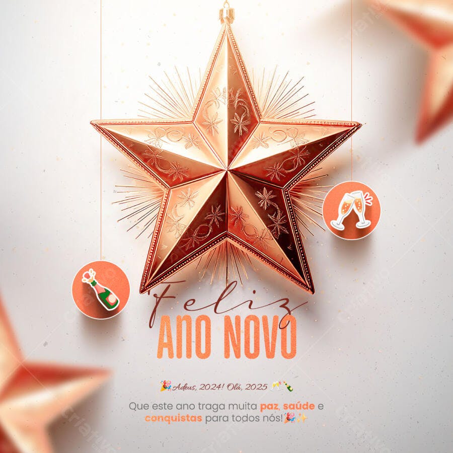 Flyer Feliz Ano Novo 2025 Estrela Dourada PSD Editável