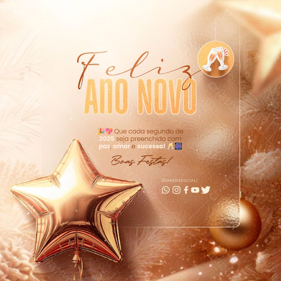 Flyer Digital de Ano Novo 2025 Dourado com Balão Estrela e Taças PSD Editável