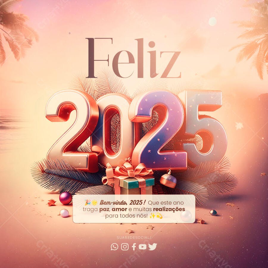 Post para Redes Sociais Feliz Ano Novo 2025 Praia Dourada PSD Editável