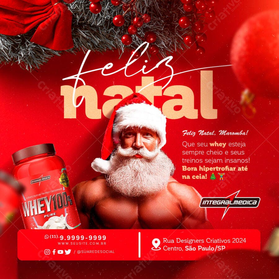 Flyer Natal Maromba com Papai Noel e Whey Integral Médica PSD Editável