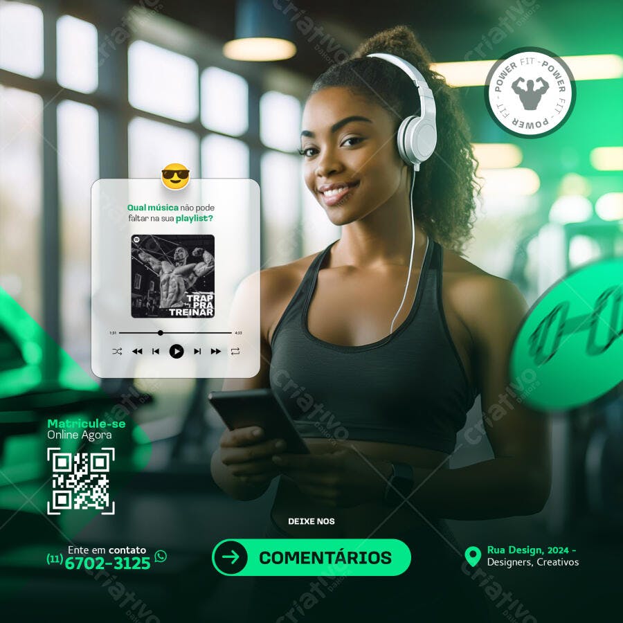 Flyer para Academia Mulher Fitness com Playlist de Treino PSD Editável
