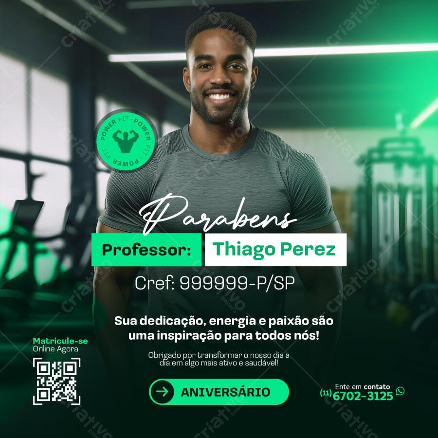 Flyer Digital Aniversário Professor de Academia Fitness PSD Editável