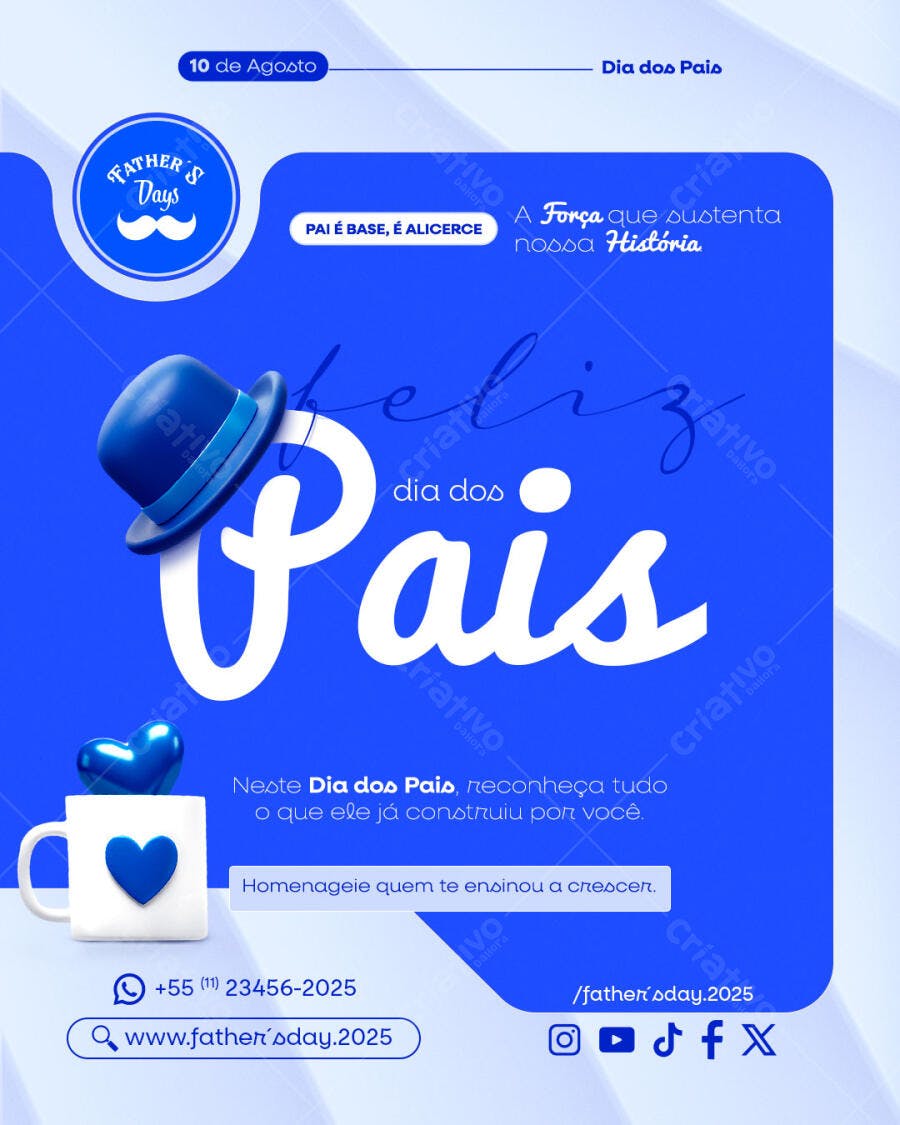 Flyer Post para Dia dos Pais Azul com Chapéu e Coração PSD Editável