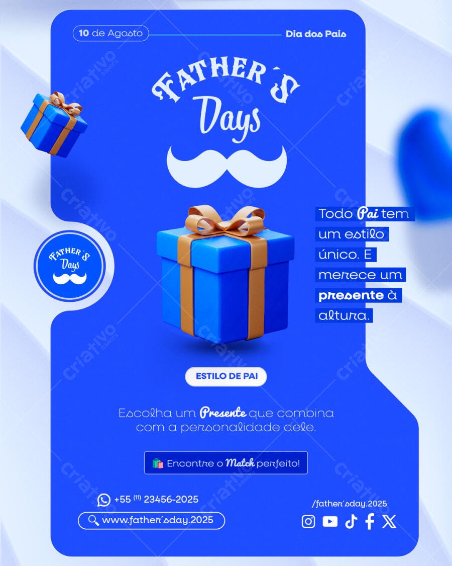 Post Redes Sociais Dia dos Pais Azul com Presentes PSD Editável