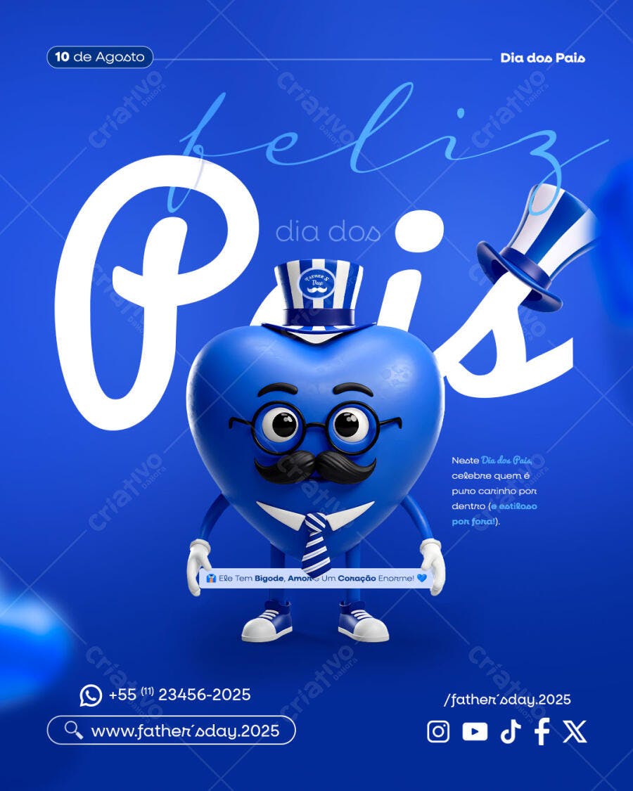 Flyer Dia dos Pais Coração 3D Azul e Bigode PSD Editável
