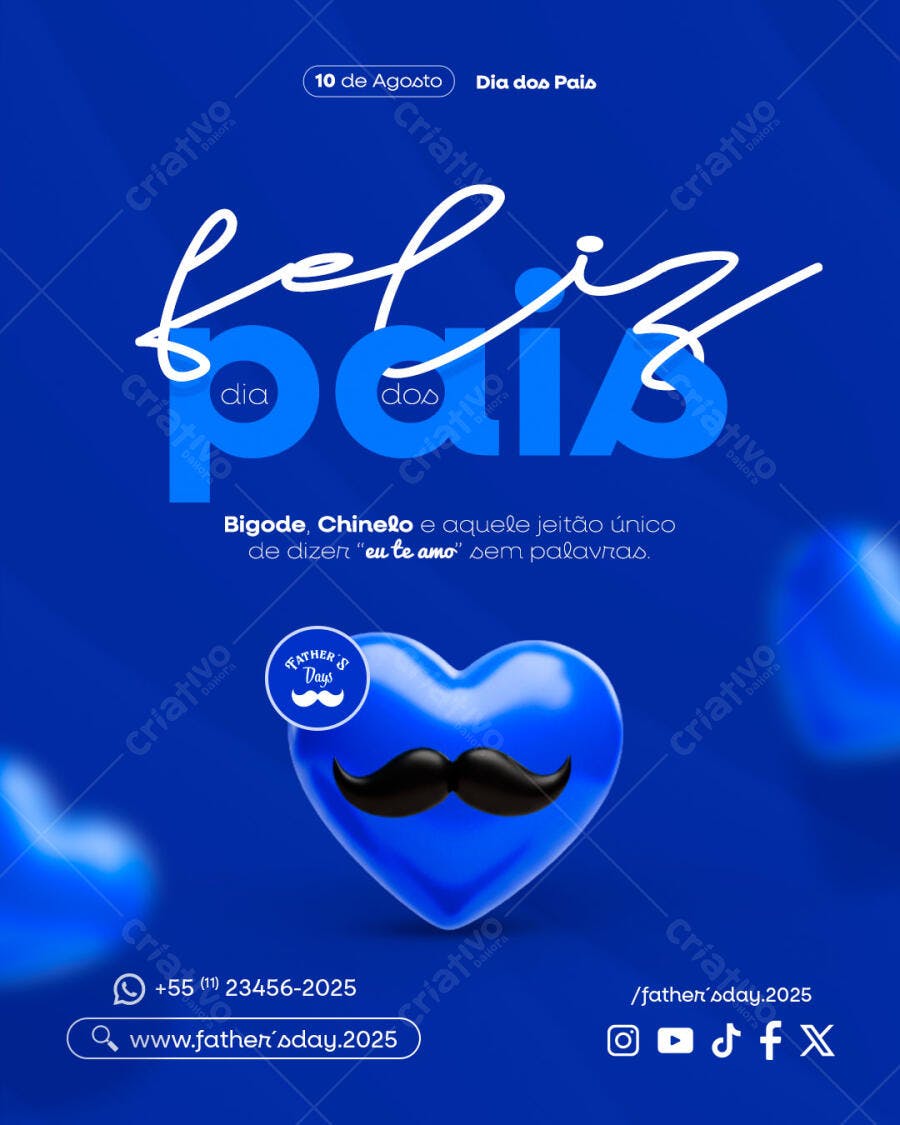 Post Redes Sociais Dia dos Pais Bigode Coração Azul PSD Editável
