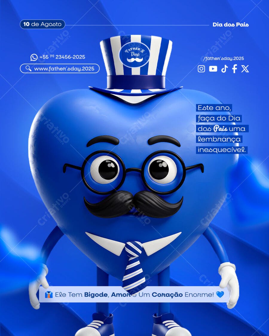 Flyer Dia dos Pais Coração Bigode Chapéu PSD Editável