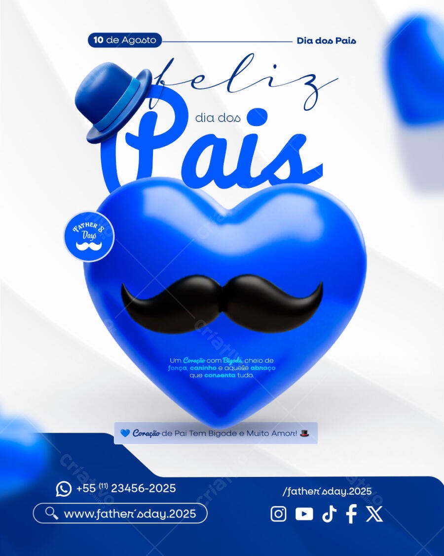 Flyer Dia dos Pais Coração Bigode Chapéu Azul PSD Editável