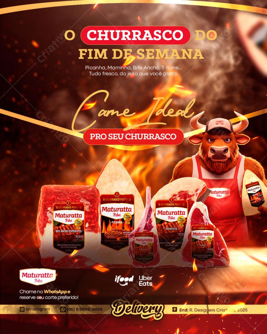 Flyer Churrasco Fim de Semana com Bull Butcher e Cortes Maturatta PSD Editável