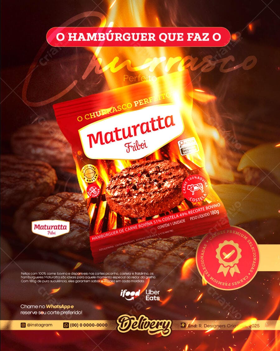 Flyer Promoção Hambúrguer Maturatta para Churrasco PSD Editável