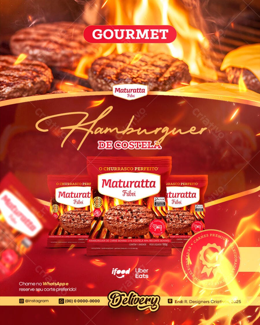 Flyer de Hamburguer Gourmet de Costela Delivery PSD Editável