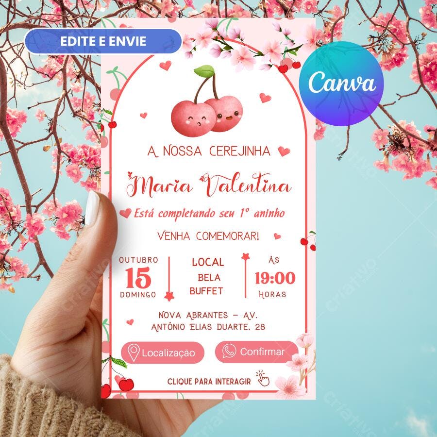 Convite de aniversário infantil tema Cerejinha Flores de Cerejeira fofo Editável no Canva