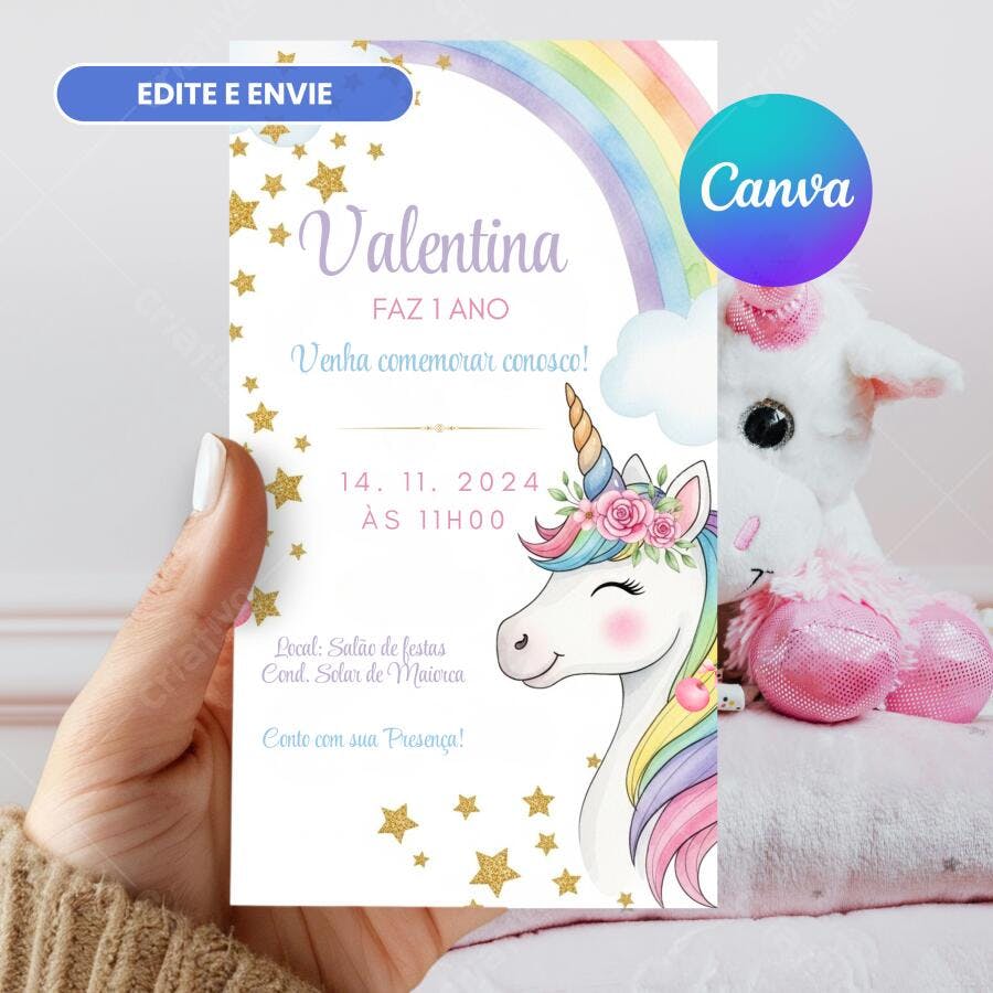Convite de aniversário infantil unicórnio arco-íris e estrelas douradas Editável no Canva