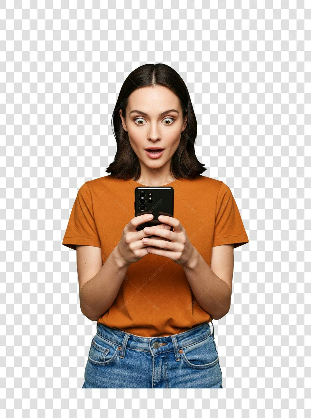 Mulher jovem surpresa olhando celular marketing digital laranja jeans PNG com fundo transparente