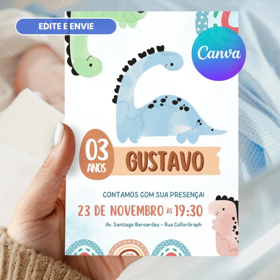 Convite de aniversário infantil dinossauros fofos em aquarela Editável no Canva