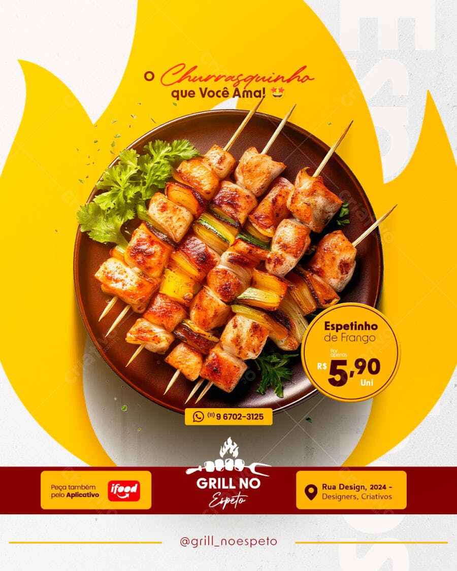 Flyer Churrasquinho que Você Ama Espetinho de Frango PSD Editável