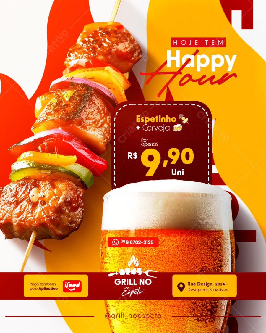 Flyer Happy Hour Grill Espetinho Cerveja Promoção PSD Editável