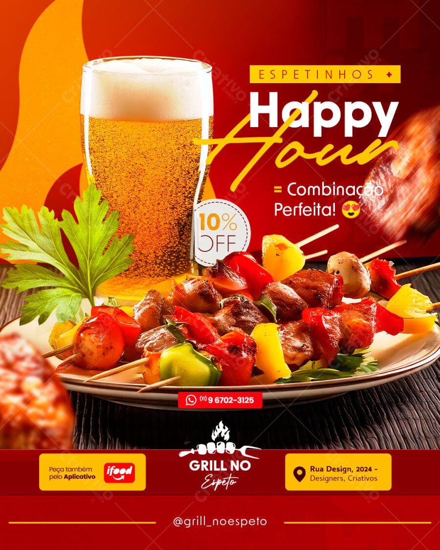 Flyer Happy Hour Espetinhos Cerveja 10% OFF PSD Editável