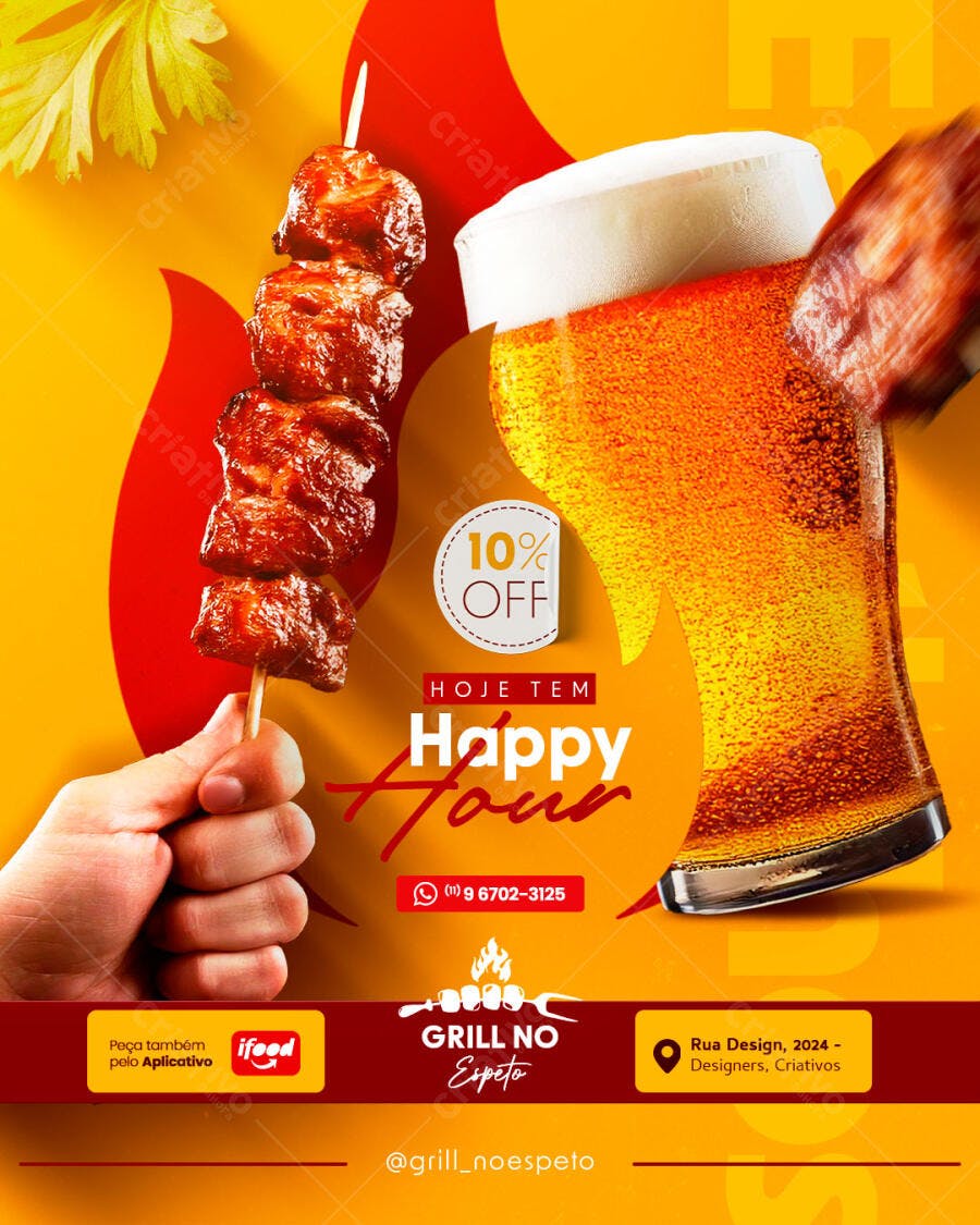Flyer de Happy Hour Grill no Espeto e Cerveja PSD Editável