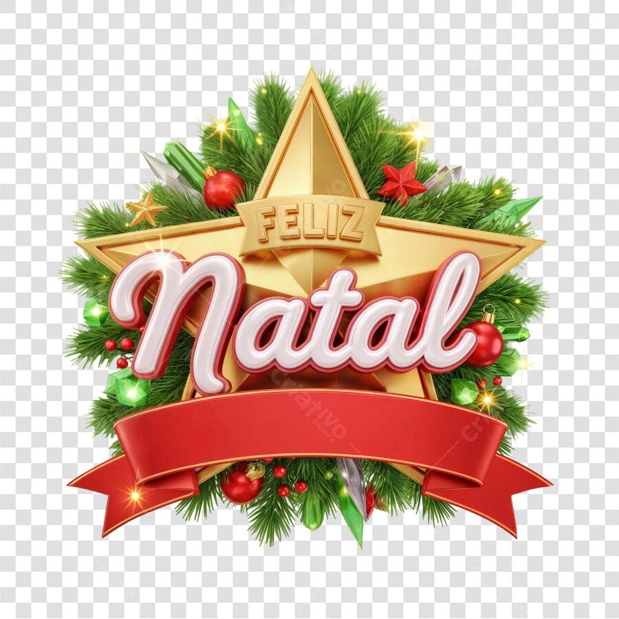 Selo Feliz Natal Dourado Vermelho com Ramos Verdes e Estrela PNG com fundo transparente