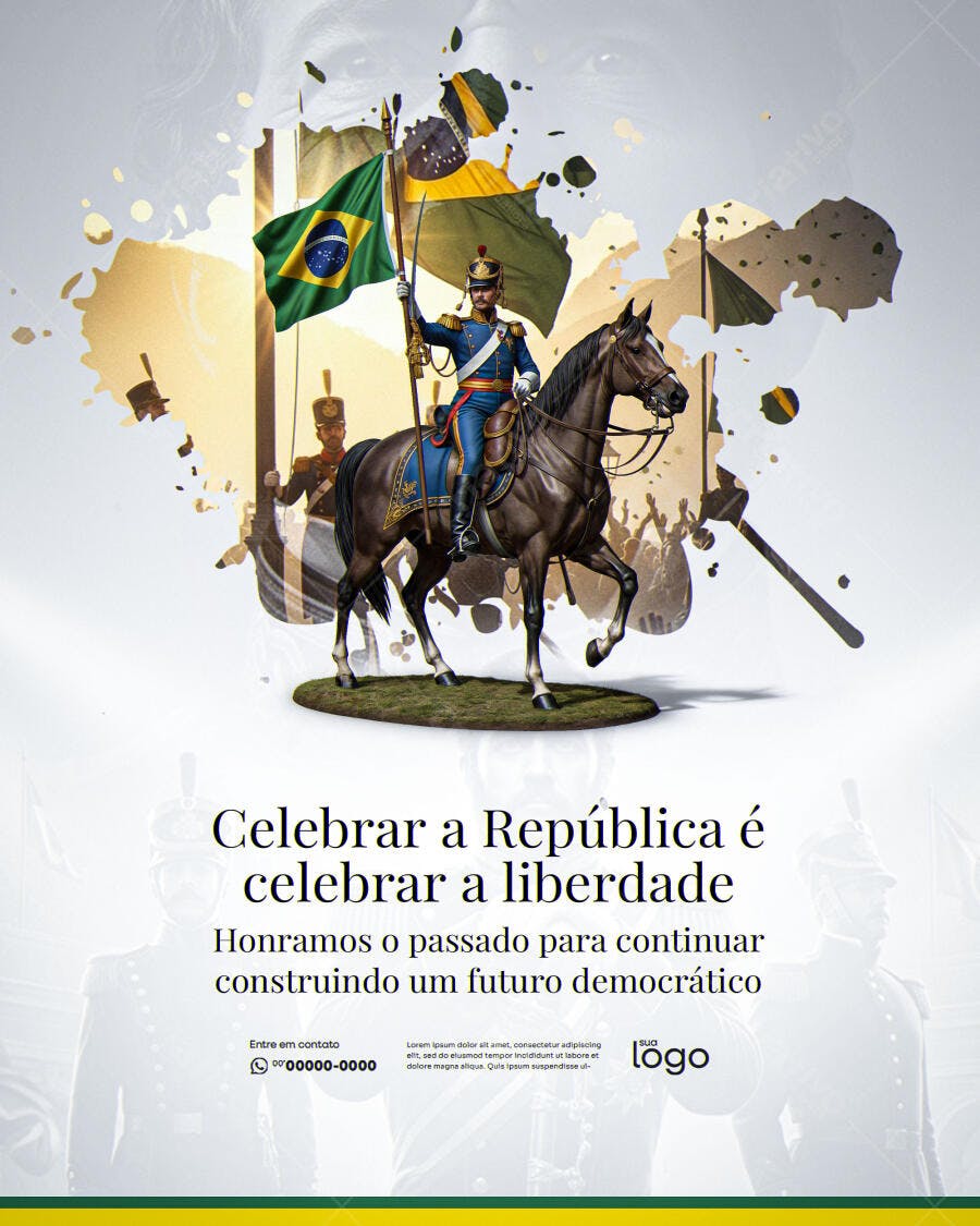Flyer Proclamação da República Cavaleiro Bandeira Brasil PSD Editável