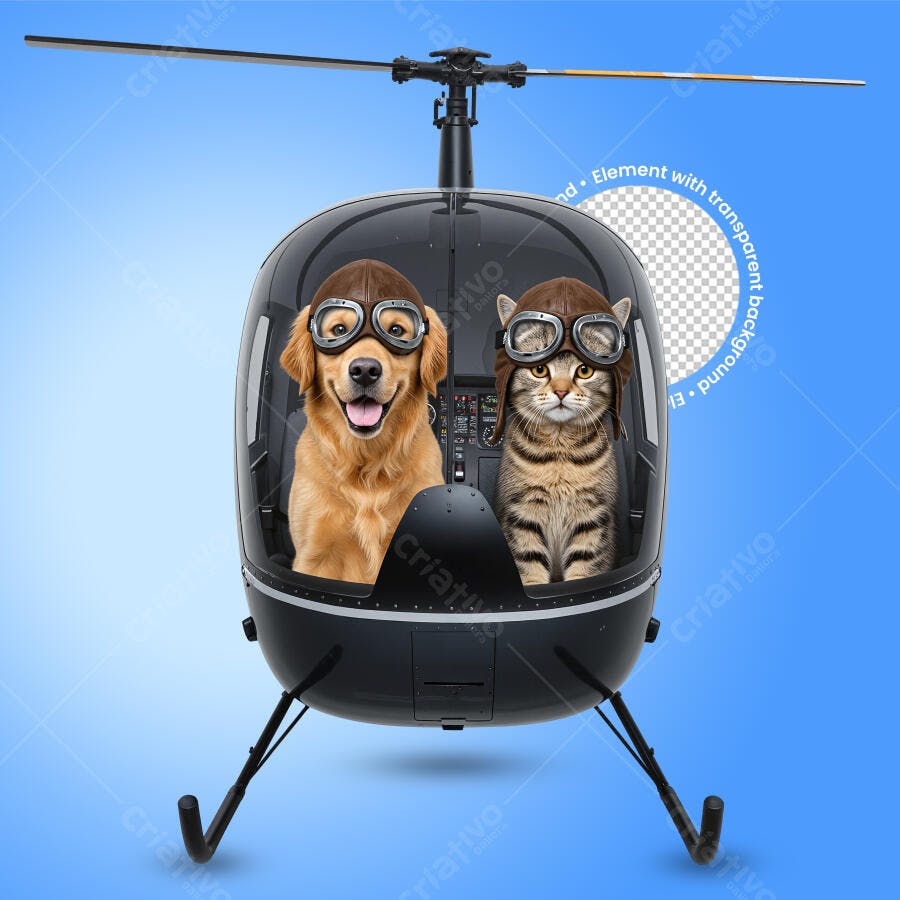 Ilustração Pet Fofo Cachorro e Gato Pilotos Helicóptero Preto PNG com fundo transparente