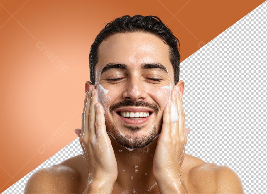 Imagem homem jovem lavando rosto espuma branca sorriso feliz skincare PNG com fundo transparente