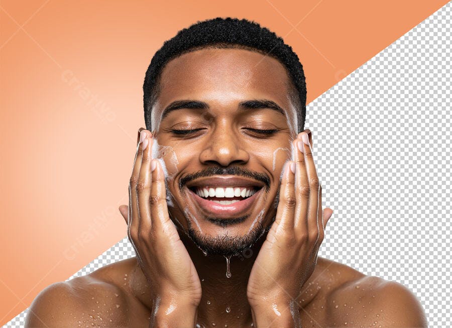 Post Instagram Homem Negro Feliz Lavando Rosto Skincare PNG com fundo transparente