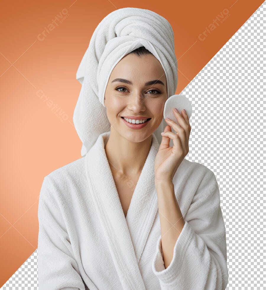 Recorte PNG Mulher Feliz Rotina Skincare Roupão Branco Algodão Fundo Transparente