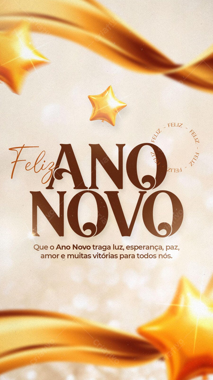 Post para Ano Novo Dourado com Estrelas PSD Editável