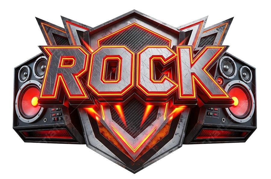 Logotipo Rock metálico 3D com luzes neon vermelhas e laranjas PNG com fundo transparente