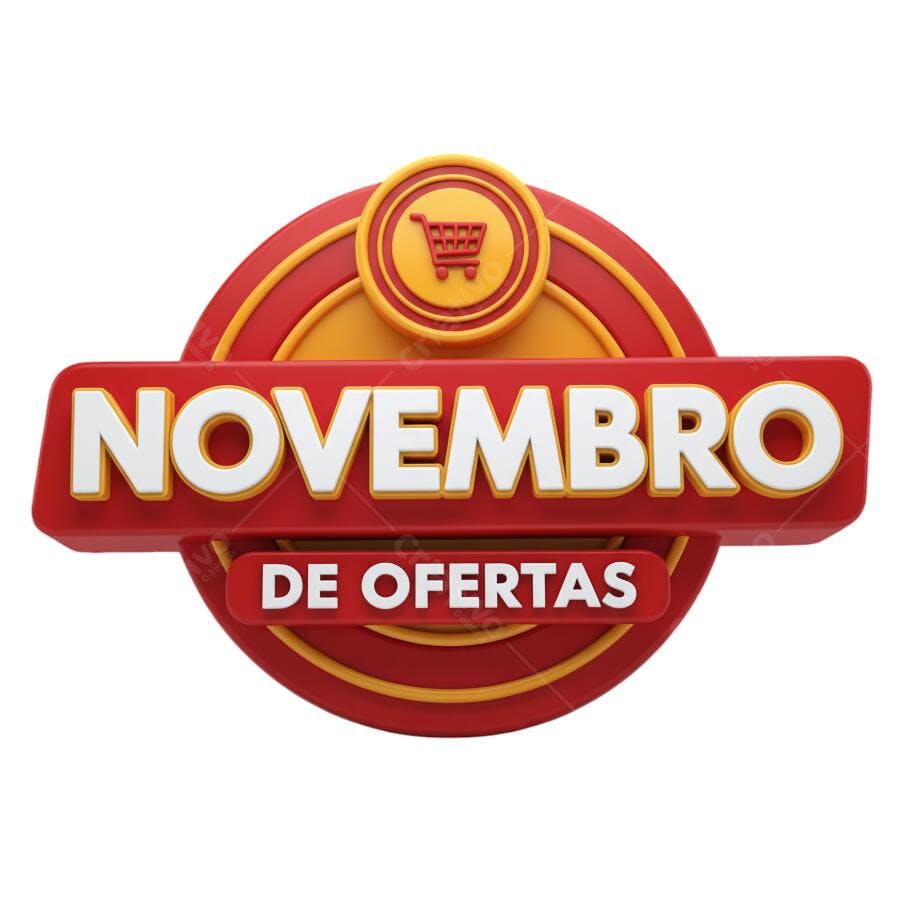Selo promocional Novembro de Ofertas carrinho de compras 3D vermelho PNG com fundo transparente