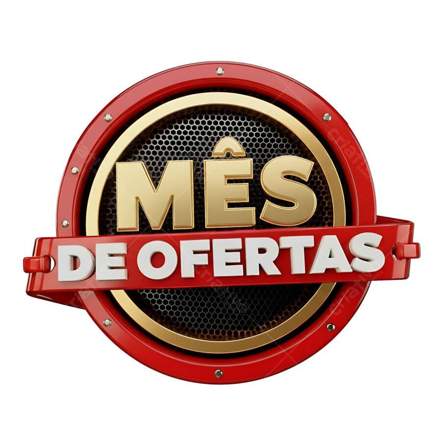 Selo 3D Mês de Ofertas dourado e vermelho para promoções PNG com fundo transparente