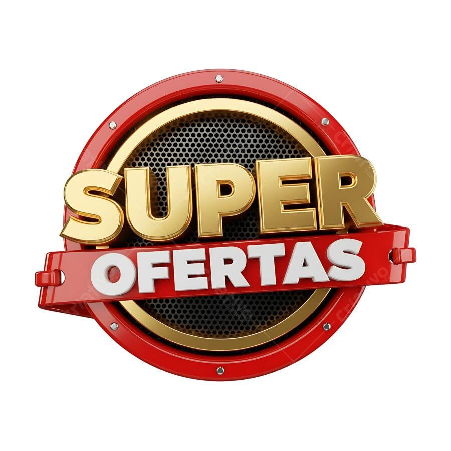 Selo promocional Super Ofertas 3D dourado e vermelho PNG com fundo transparente