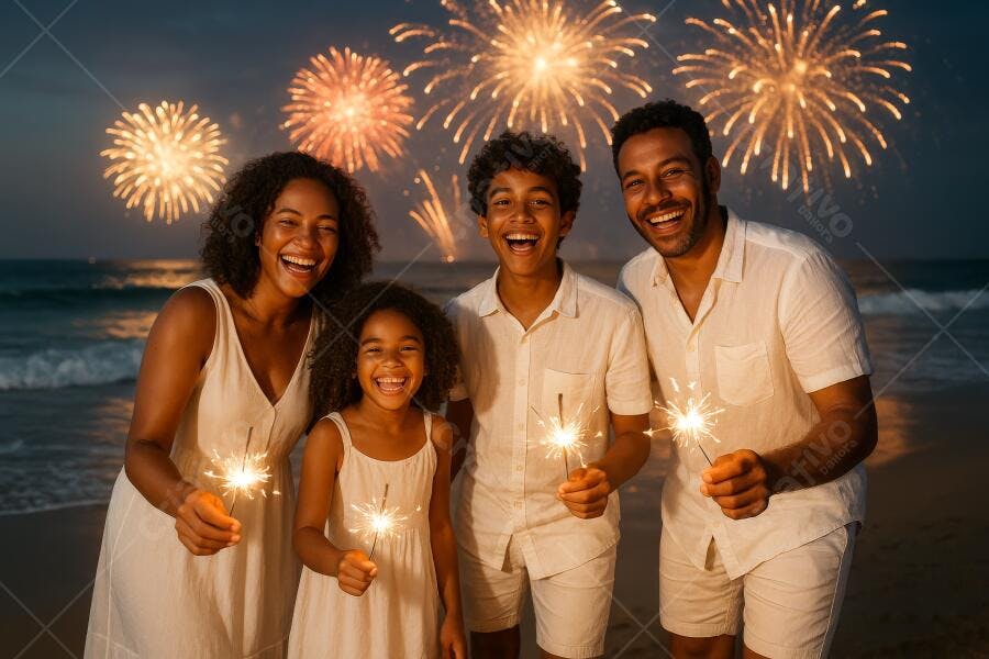 Família negra alegre na praia à noite com fogos de artifício e estrelinhas brancas