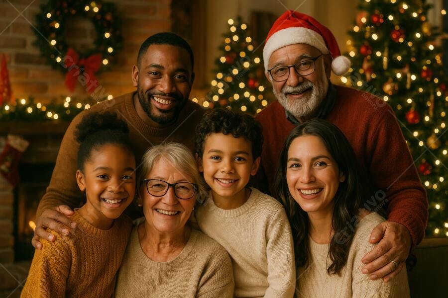 Família multiétnica feliz de suéteres em celebração de Natal aconchegante